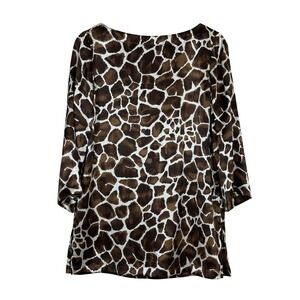 Peck & Peck Womens Silk Animal Print Blouse Size 8 Brown Ivory Satin 3/4 Sleeve